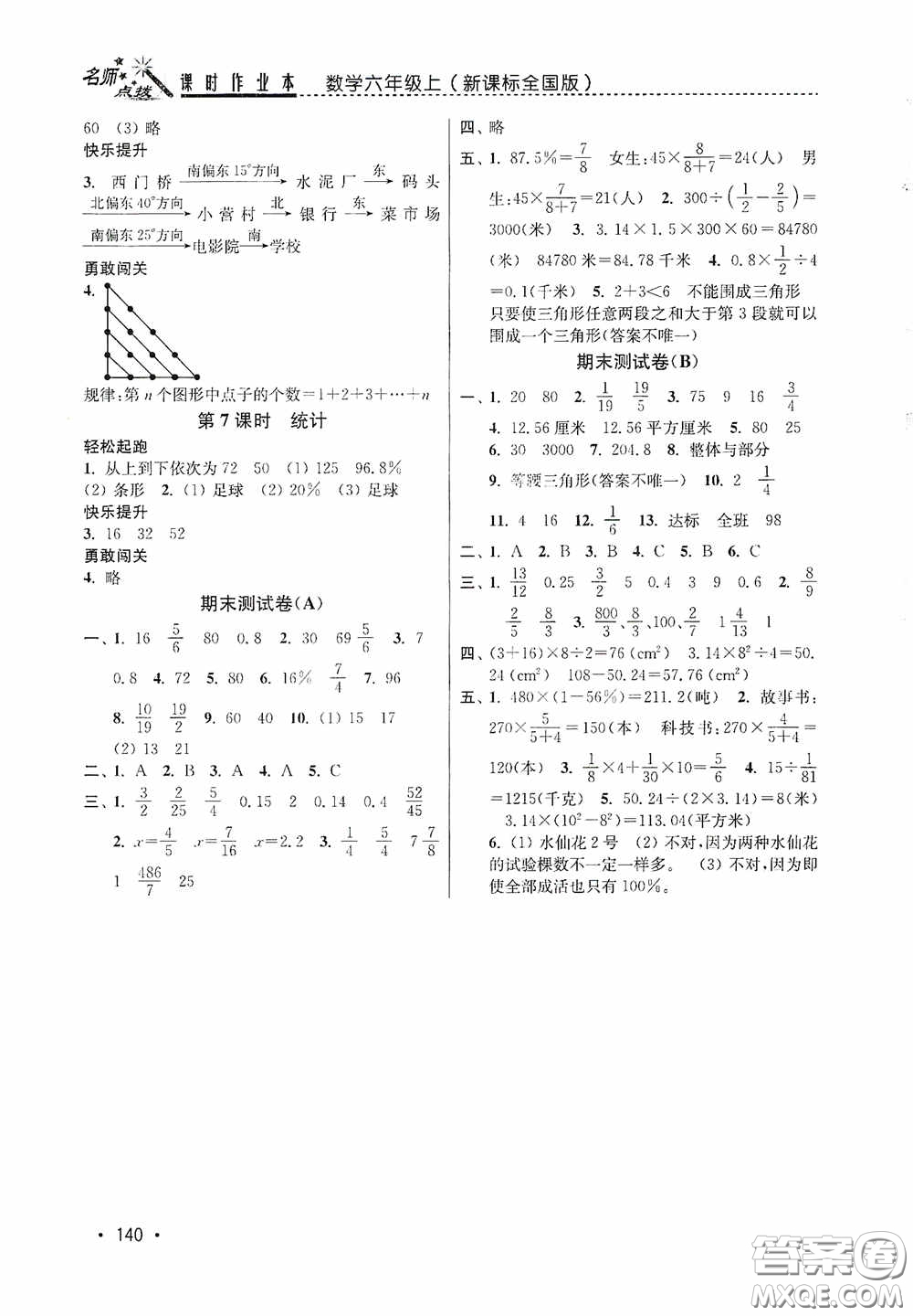 東南大學(xué)出版社2020名師點(diǎn)撥課時(shí)作業(yè)本六年級(jí)數(shù)學(xué)上冊(cè)全國(guó)版答案