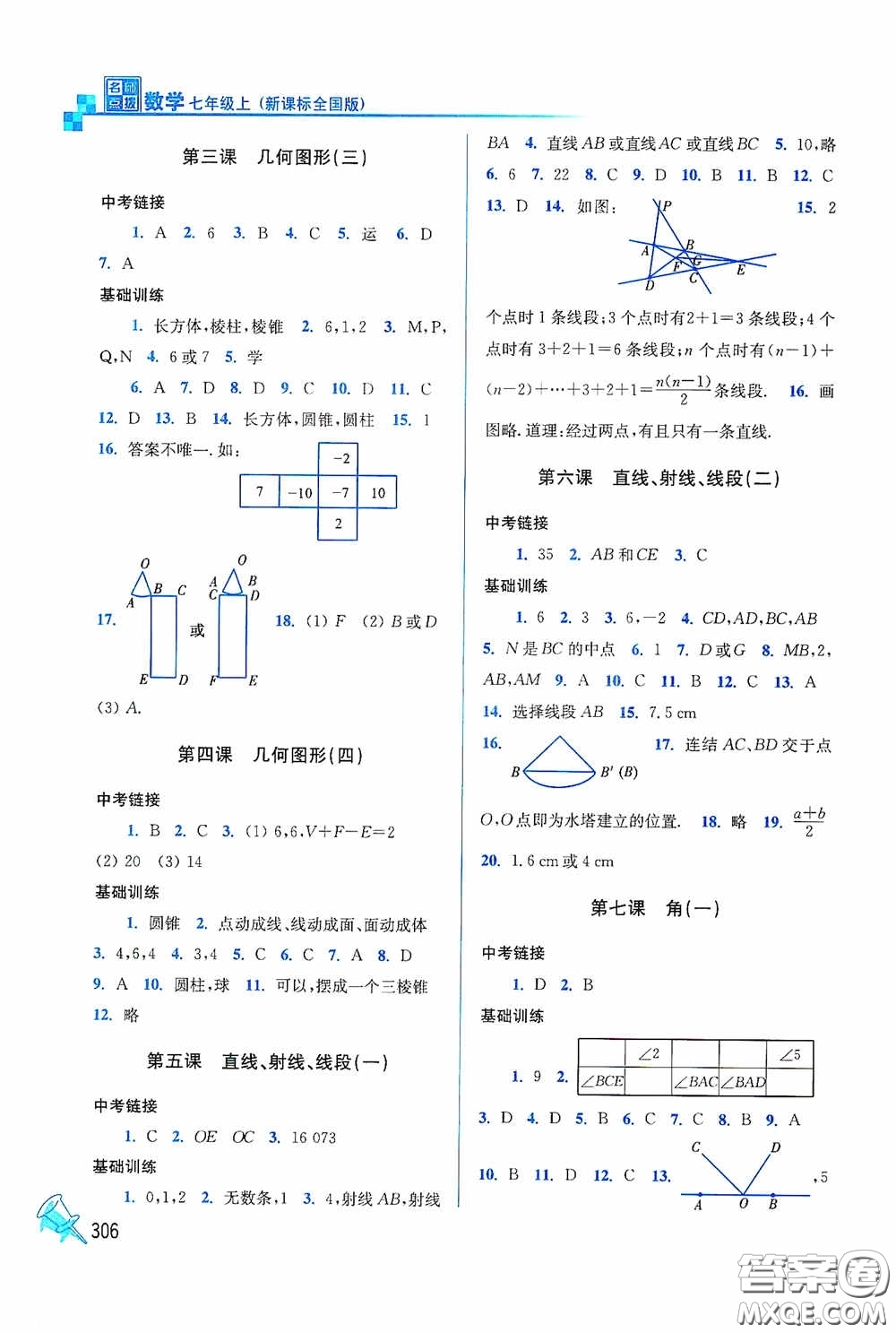 東南大學(xué)出版社2020名師點撥課時作業(yè)本七年級數(shù)學(xué)上冊全國版答案