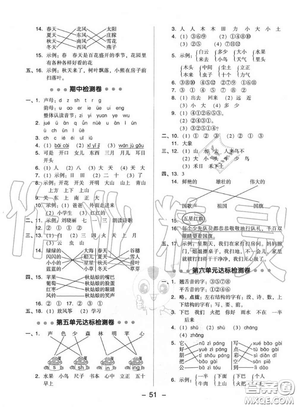 榮德基2020秋新版綜合應(yīng)用創(chuàng)新題典中點(diǎn)一年級語文上冊人教版答案