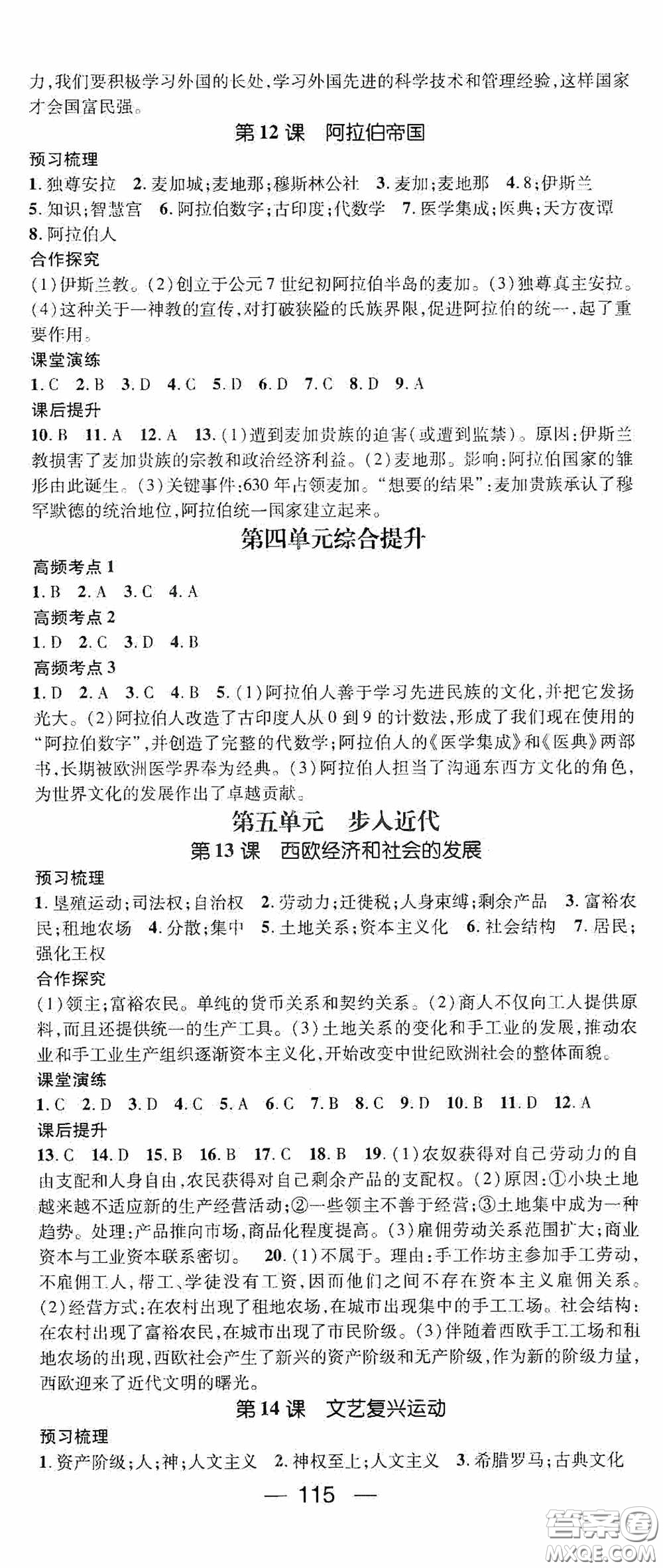 陽光出版社2020精英新課堂九年級歷史上冊人教版答案