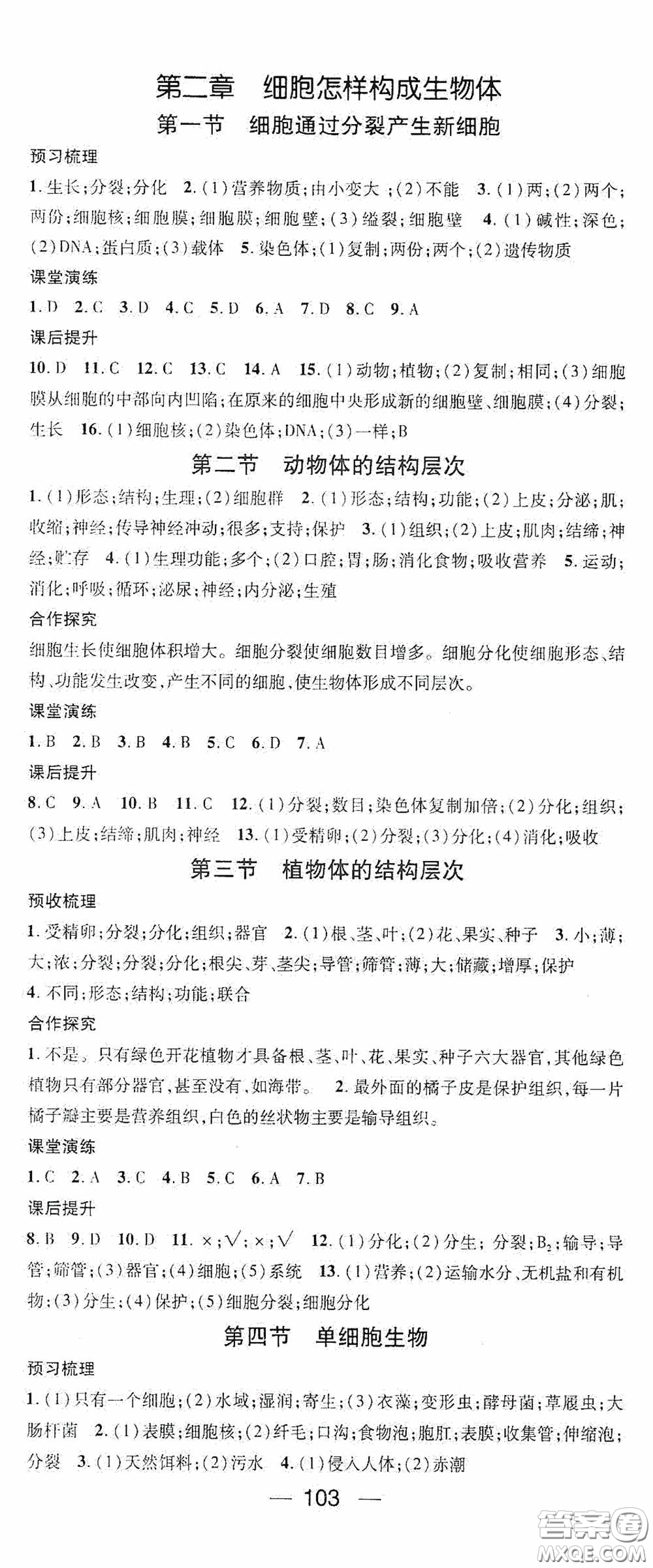 陽光出版社2020精英新課堂七年級生物上冊人教版答案