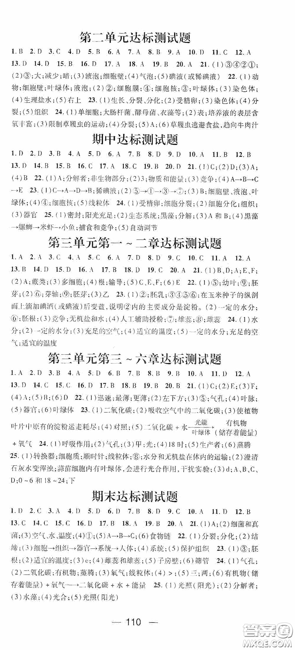 陽光出版社2020精英新課堂七年級生物上冊人教版答案