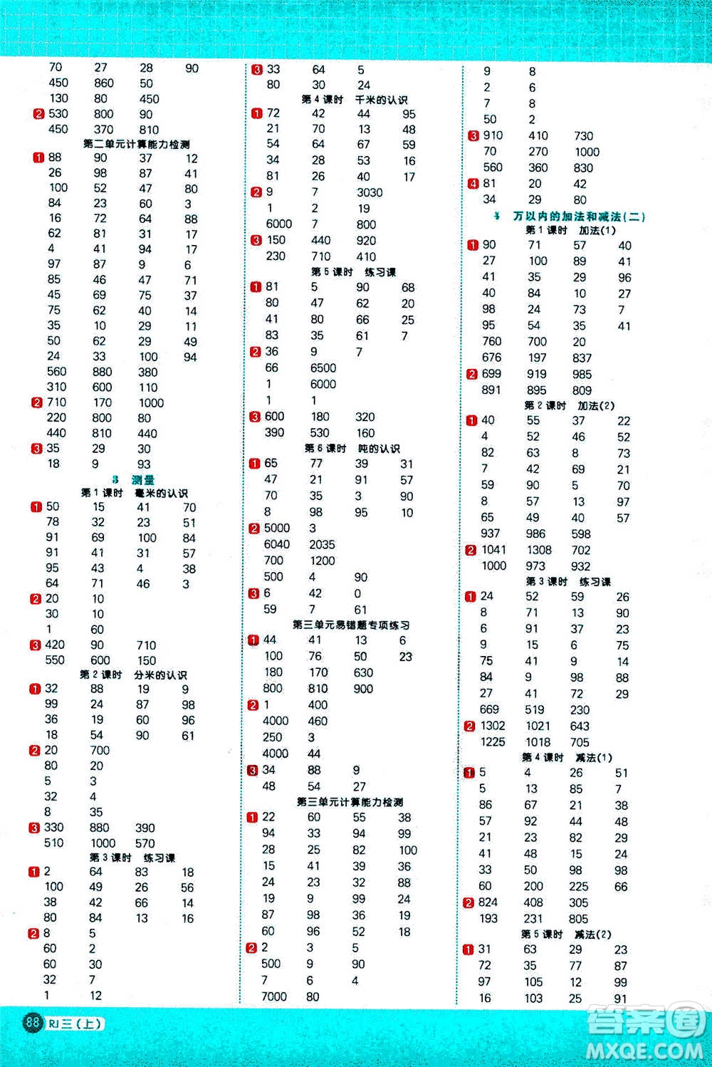 江西教育出版社2020年陽光同學(xué)計算小達人數(shù)學(xué)三年級上冊RJ人教版參考答案