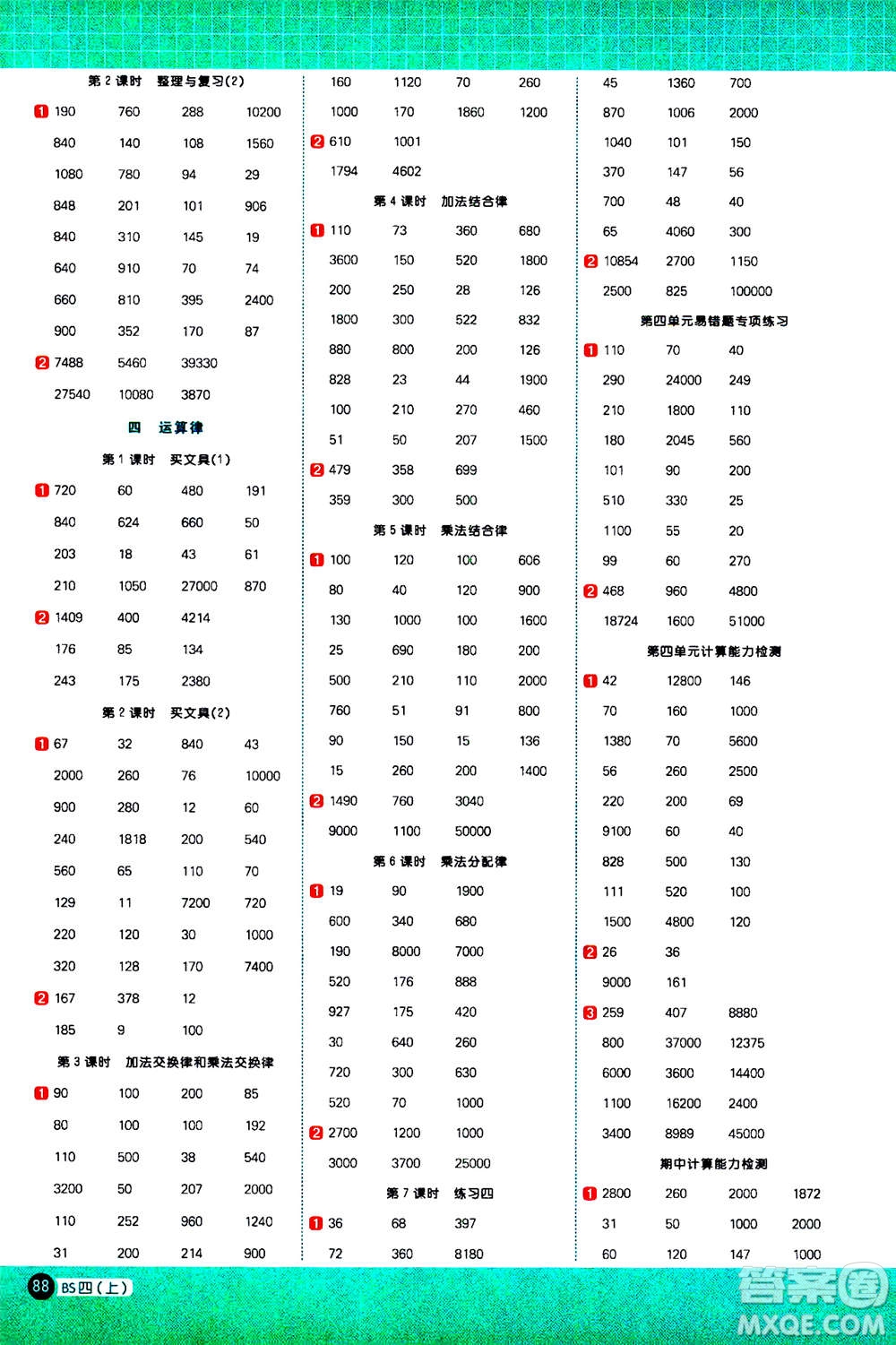 江西教育出版社2020年陽光同學計算小達人數(shù)學四年級上冊BS北師版參考答案