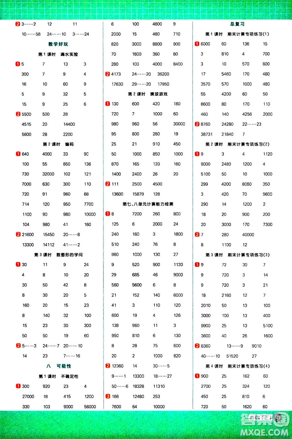 江西教育出版社2020年陽光同學計算小達人數(shù)學四年級上冊BS北師版參考答案