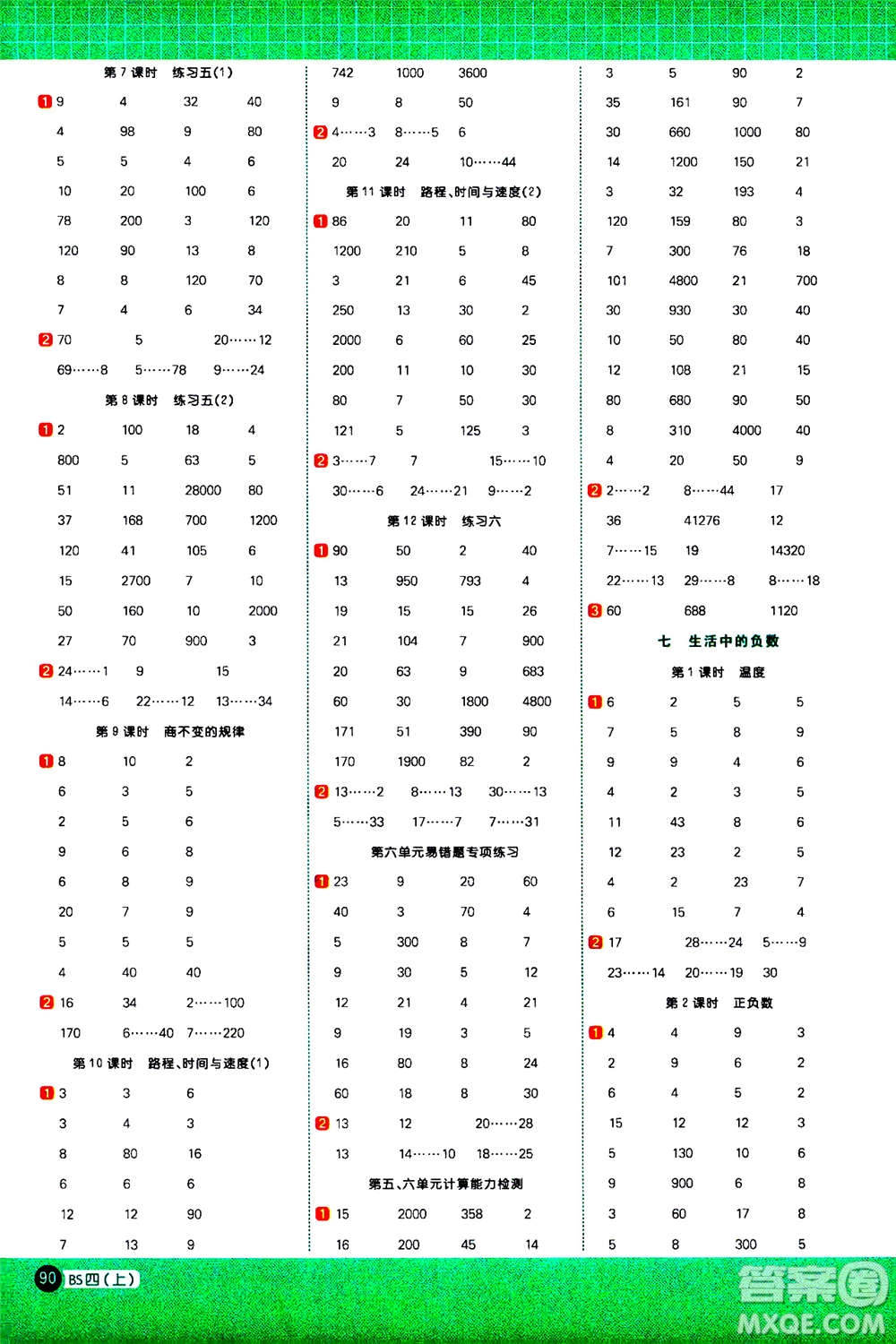 江西教育出版社2020年陽光同學計算小達人數(shù)學四年級上冊BS北師版參考答案