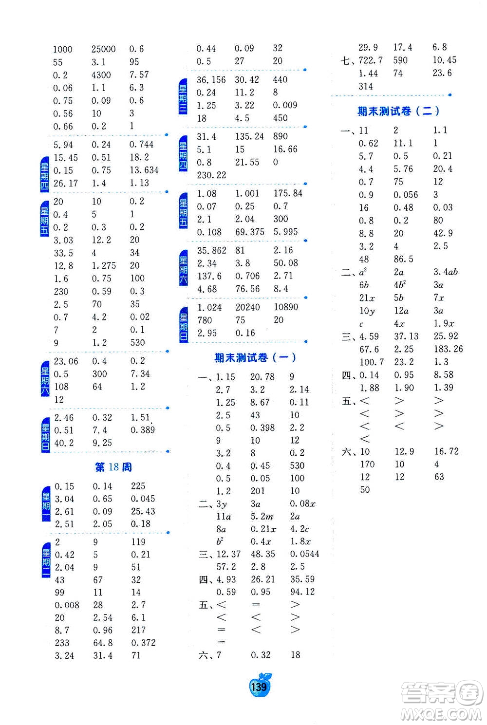 江蘇人民出版社2020年小學數學計算高手五年級上冊江蘇專用參考答案