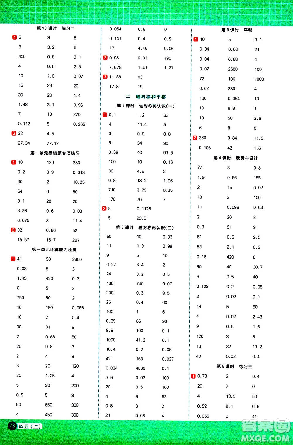 江西教育出版社2020年陽光同學計算小達人數學五年級上冊BS北師版參考答案