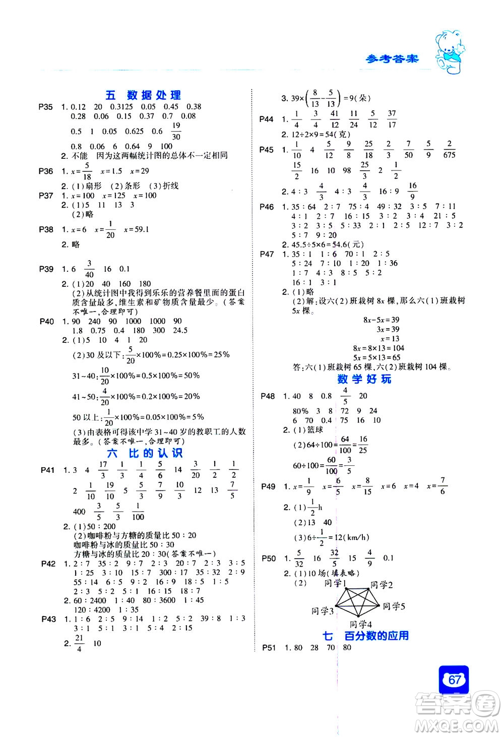 河海大學出版社2020年經(jīng)綸學典計算小能手數(shù)學六年級上冊BS北師版參考答案