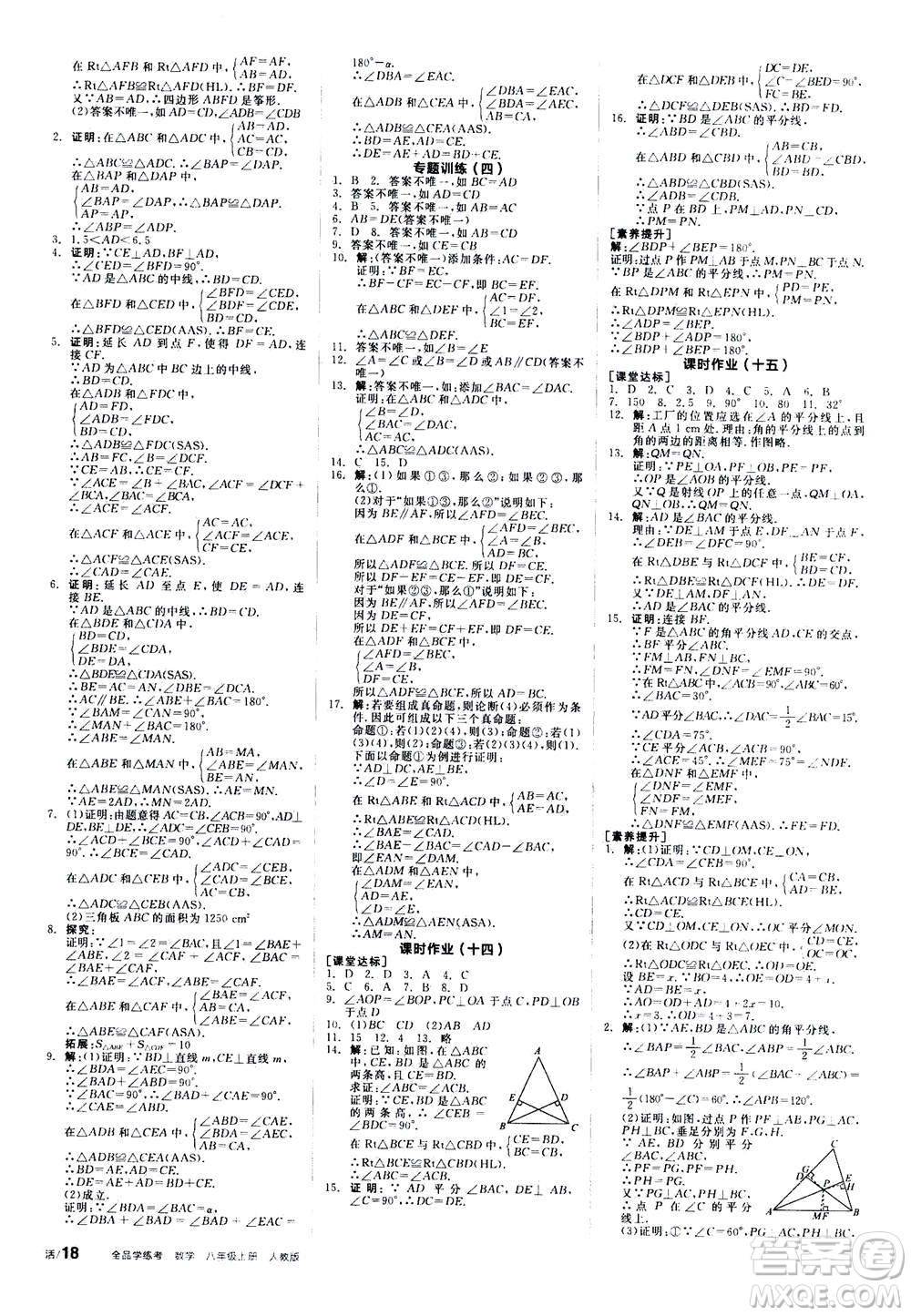 陽(yáng)光出版社2020年全品學(xué)練考八年級(jí)上冊(cè)數(shù)學(xué)新課標(biāo)RJ人教版參考答案