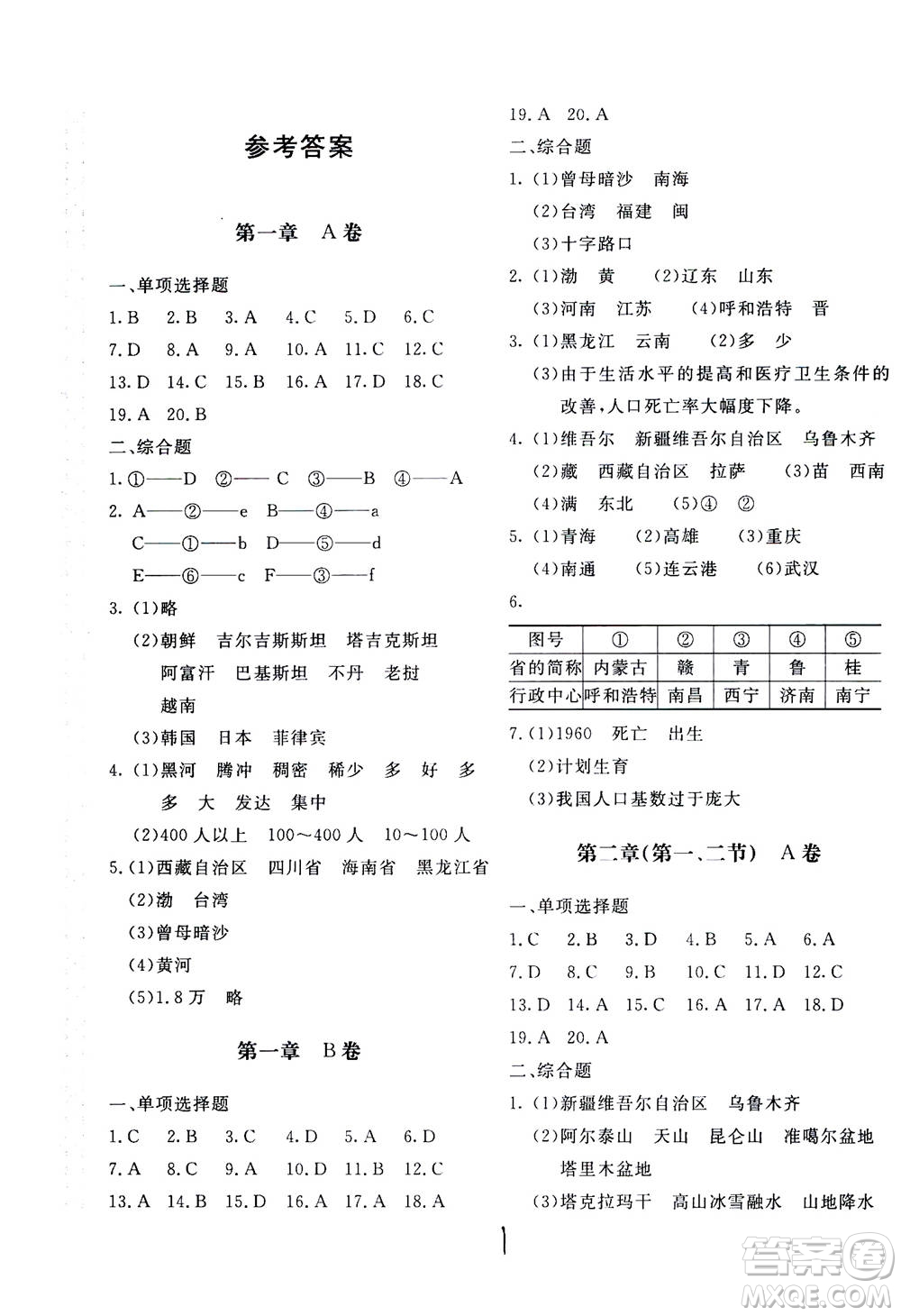 北京教育出版社2020年新課堂AB卷單元測試地理八年級上湖南教育版參考答案