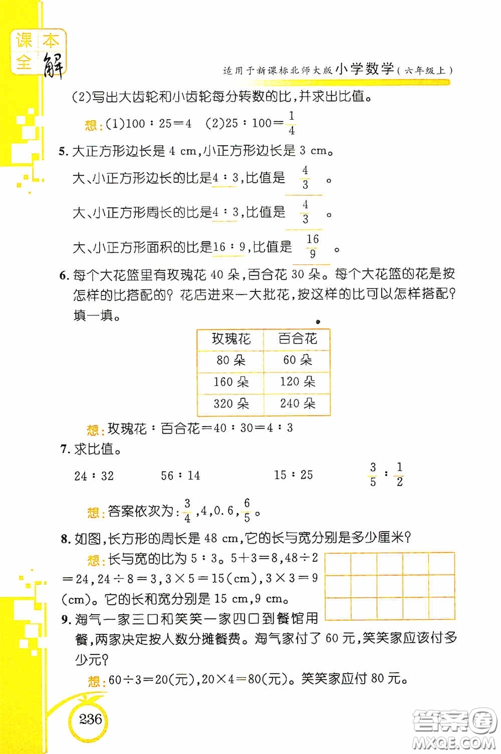 安徽人民出版社2020課本全解小學(xué)數(shù)學(xué)六年級上冊B版答案