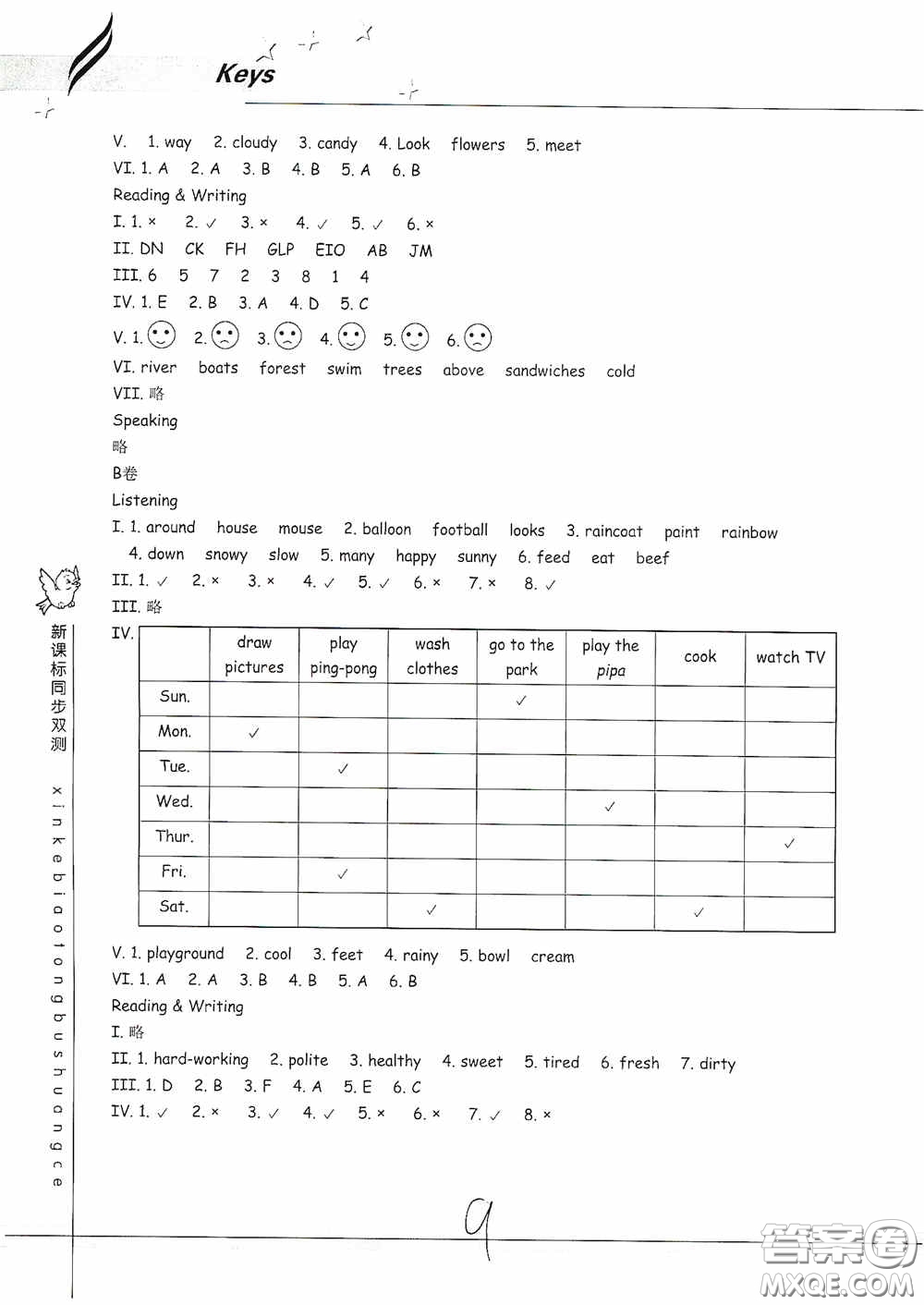 浙江教育出版社2020新課標(biāo)同步雙測(cè)小學(xué)英語(yǔ)五年級(jí)上冊(cè)答案