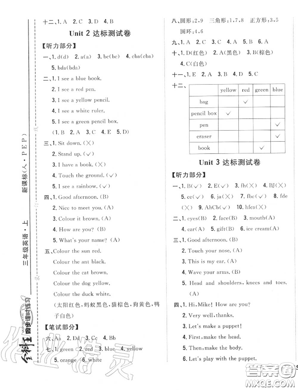 2020秋全科王同步課時練習三年級英語上冊人教版答案