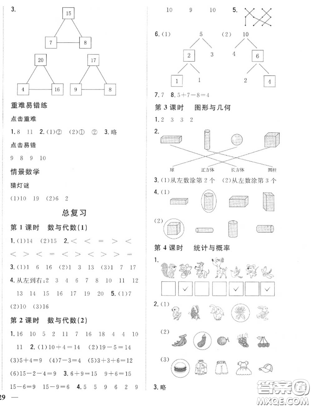 2020秋全科王同步課時練習一年級數(shù)學上冊冀教版答案