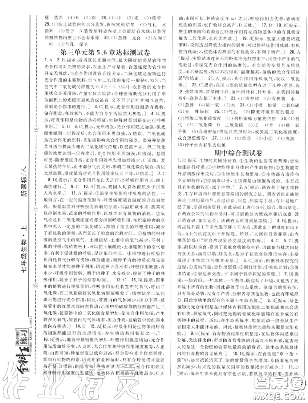 2020秋全科王同步課時練習七年級生物上冊人教版答案