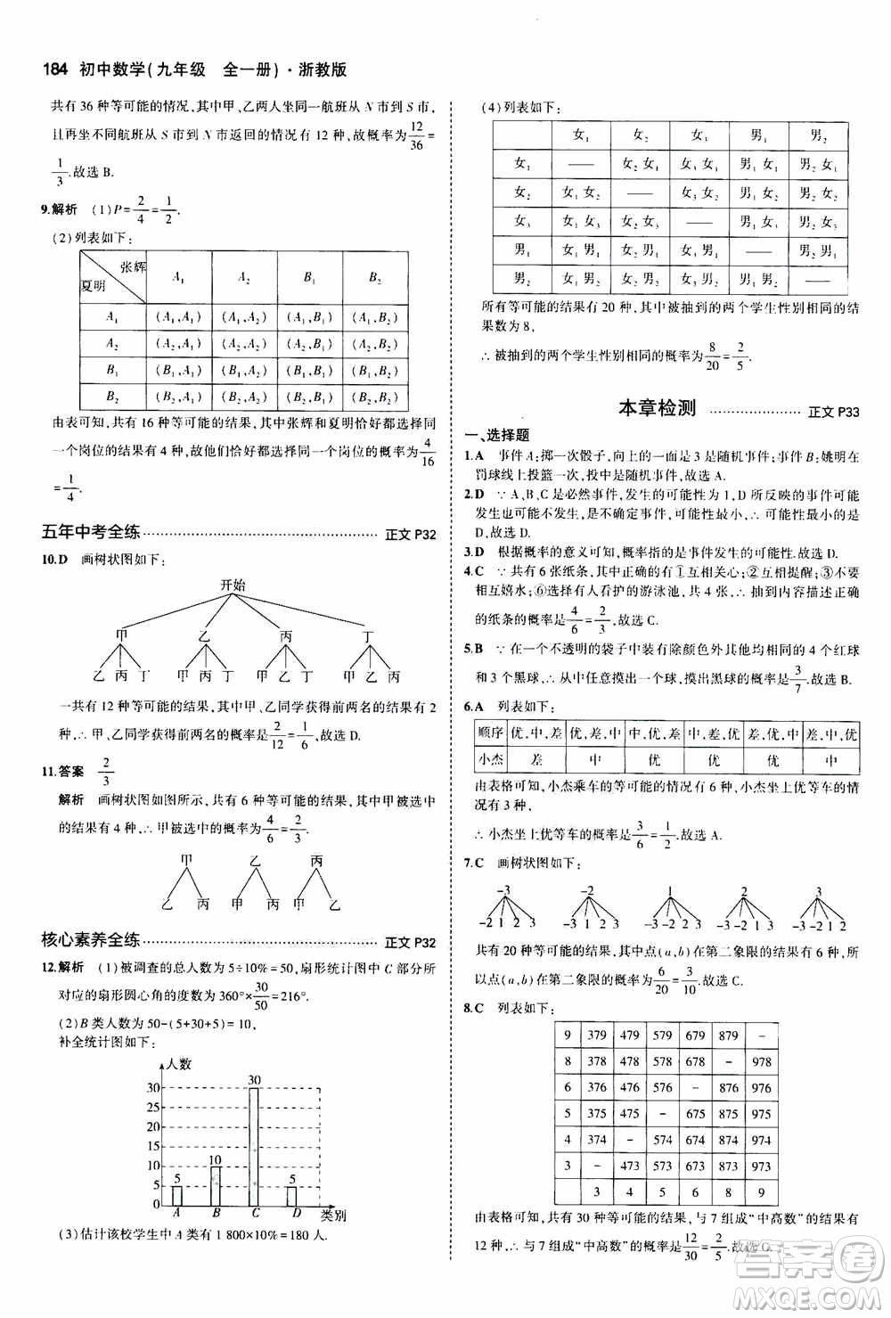 2021版初中同步5年中考3年模擬全解版初中數(shù)學(xué)九年級全一冊浙教版參考答案