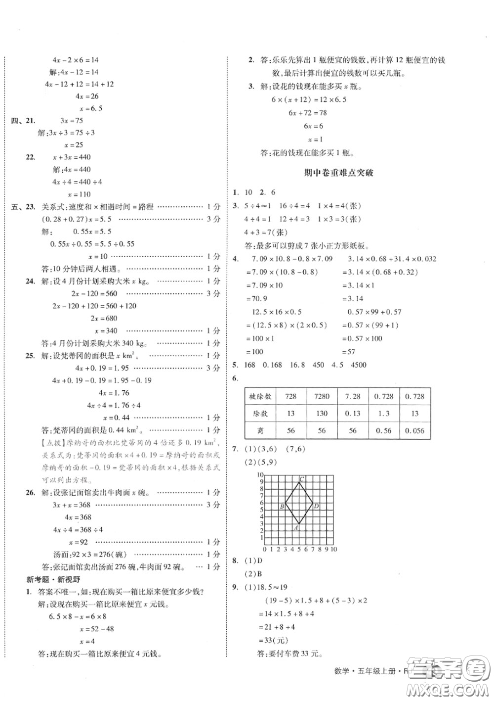 天津人民出版社2020秋全品小復習五年級數(shù)學上冊人教版答案