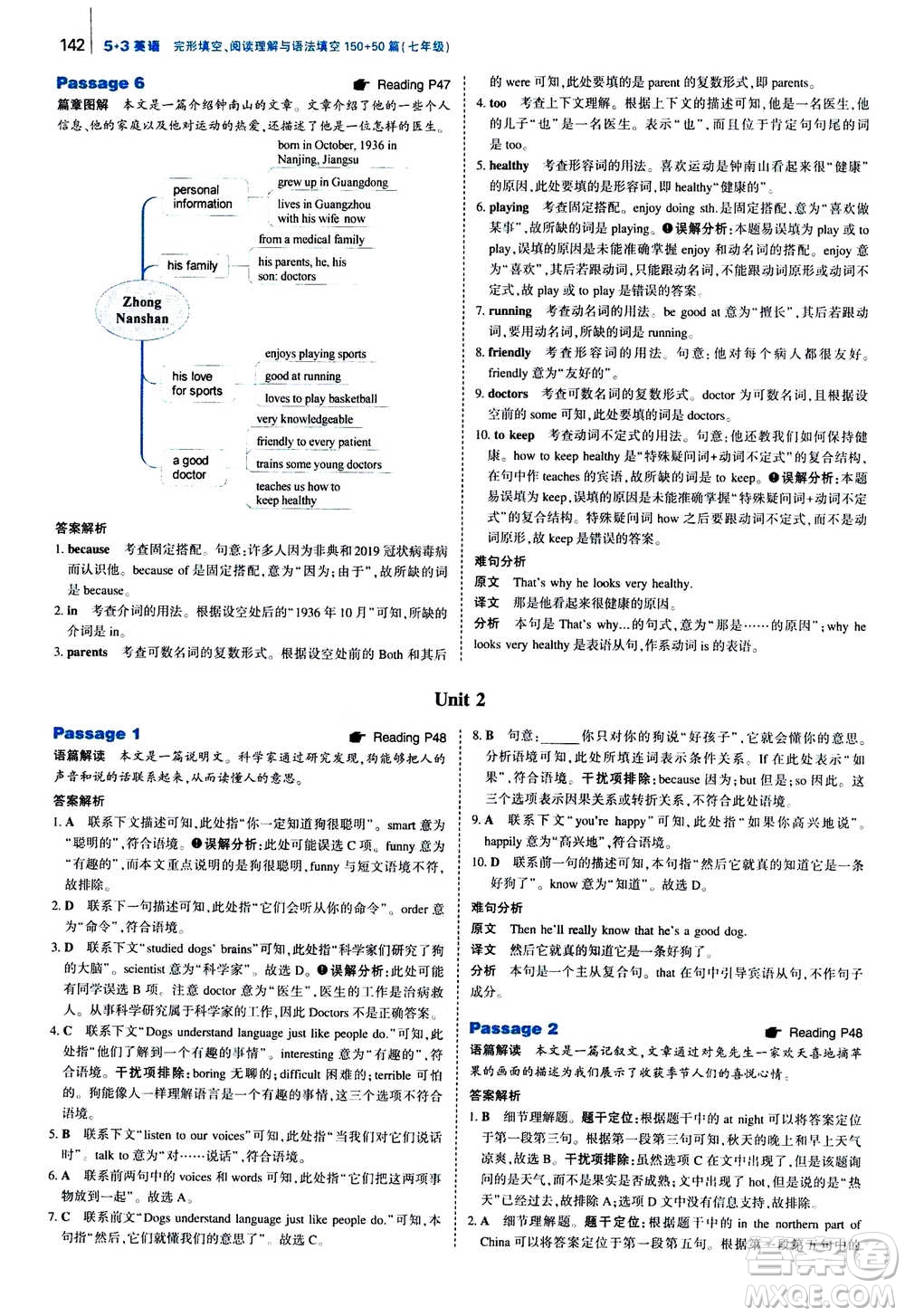 曲一線2021版53英語完形填空閱讀理解與語法填空七年級(jí)答案