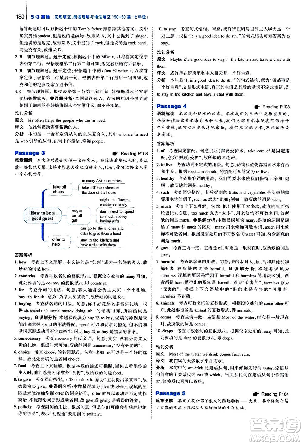 曲一線2021版53英語完形填空閱讀理解與語法填空七年級(jí)答案