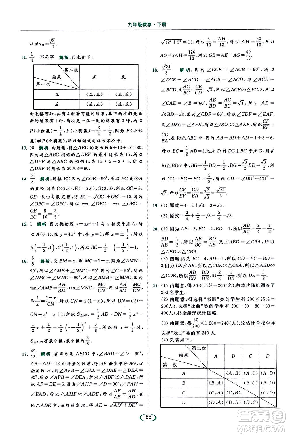 2020年亮點(diǎn)給力提優(yōu)課時作業(yè)本數(shù)學(xué)九年級下冊蘇教版參考答案