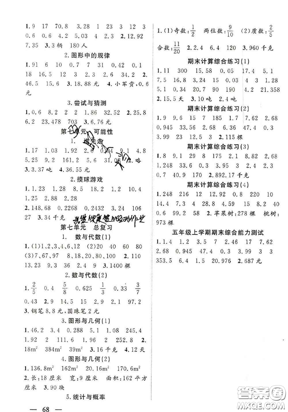 陽光出版社2020口算題卡加應(yīng)用題專項五年級數(shù)學(xué)上北師版答案