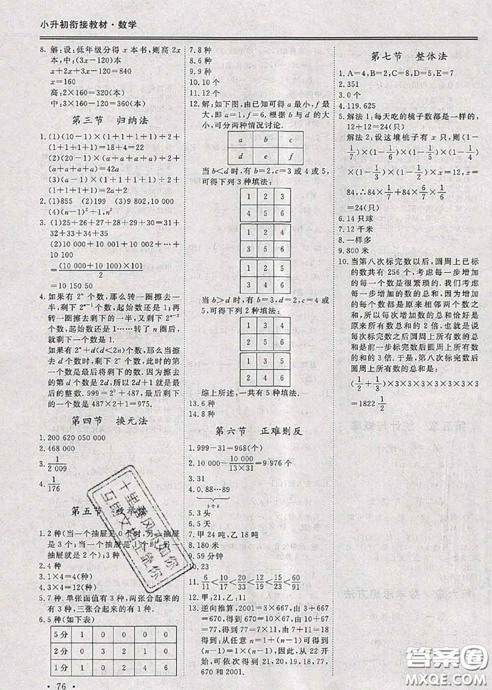 天津科學(xué)技術(shù)出版社2020年小升初銜接教材六年級(jí)數(shù)學(xué)人教版答案