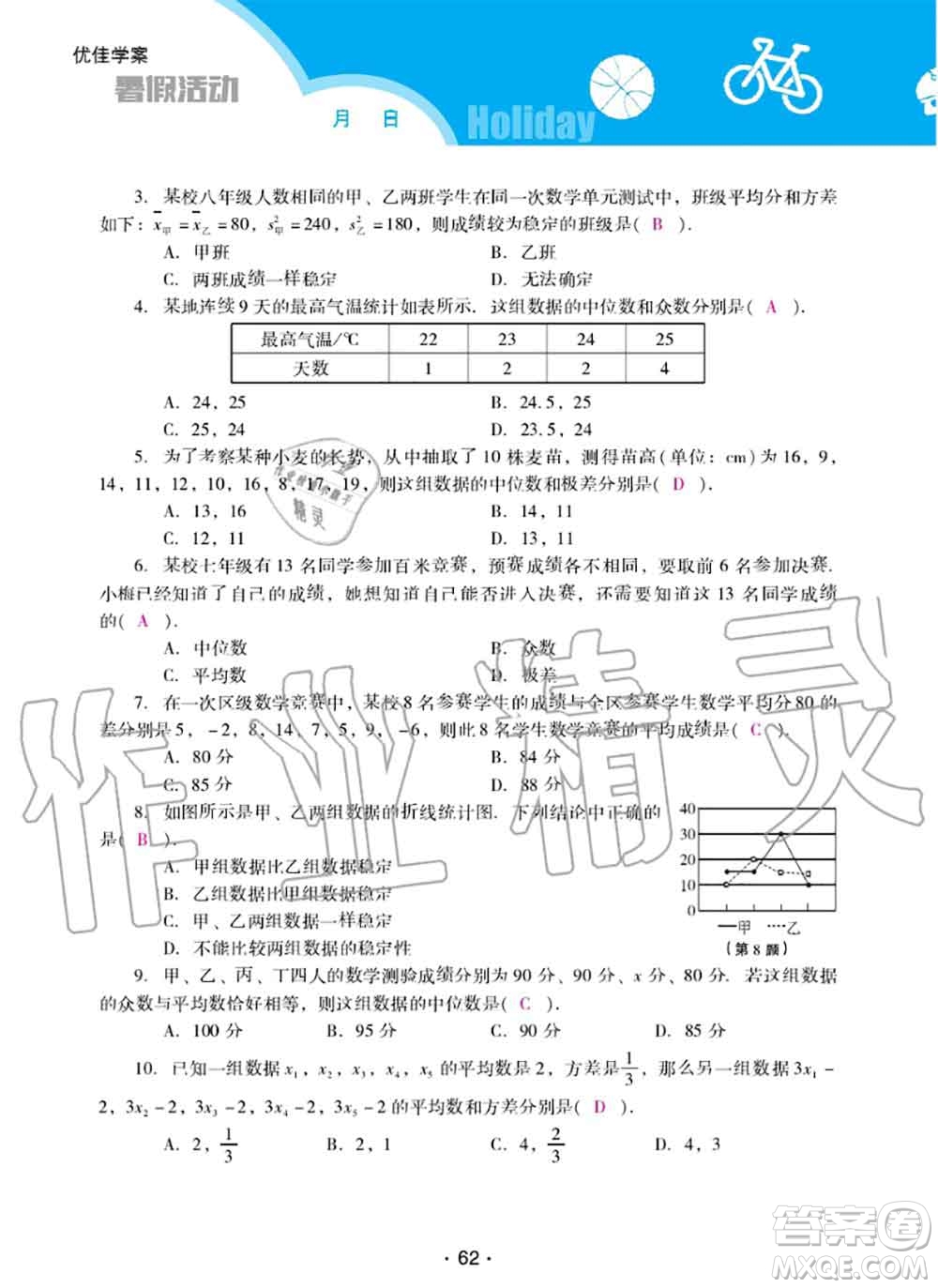 2020年優(yōu)佳學案暑假活動八年級數(shù)學人教版參考答案