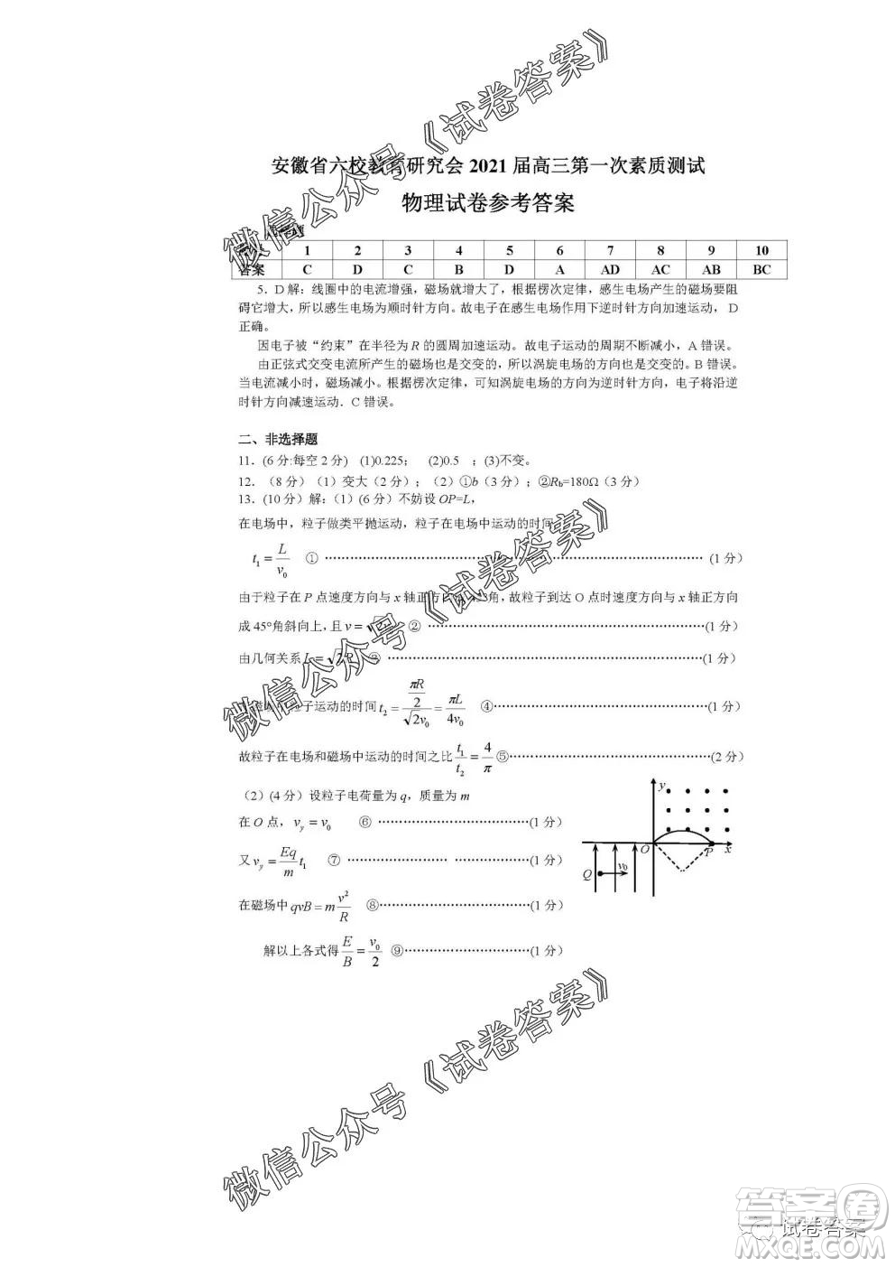 安徽六校教育研究會(huì)2021屆高三第一次素質(zhì)測(cè)試物理試題及答案