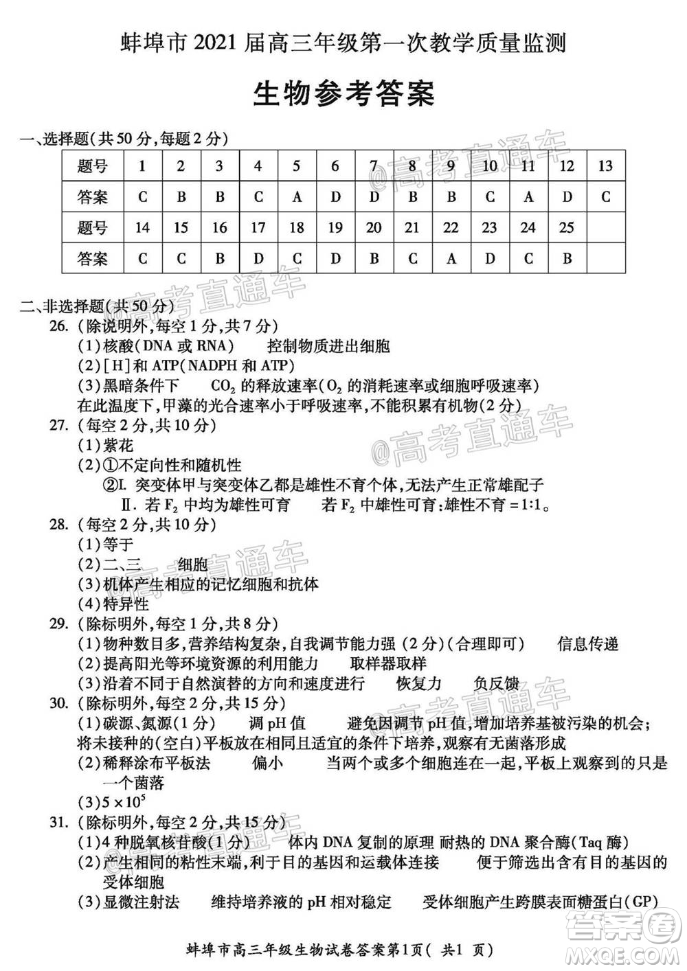 蚌埠市2021屆高三年級(jí)第一次教學(xué)質(zhì)量監(jiān)測(cè)生物試題及答案