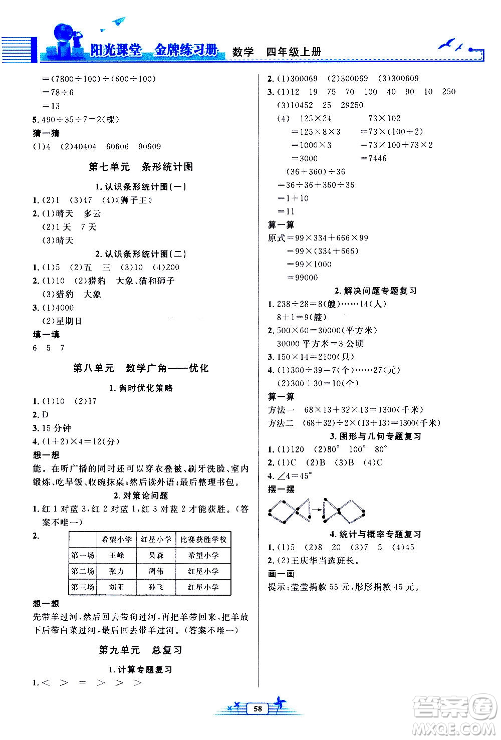 人民教育出版社2020年陽光課堂金牌練習(xí)冊數(shù)學(xué)四年級(jí)上冊人教版答案