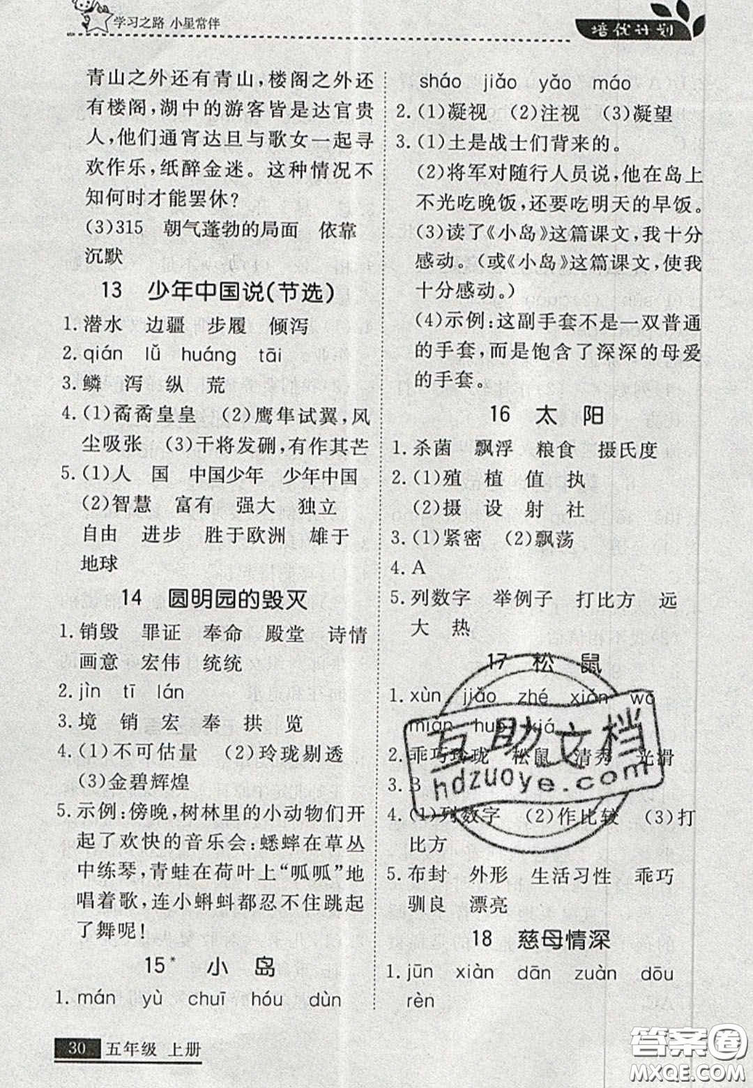 2020年學(xué)習(xí)之星培優(yōu)計(jì)劃五年級(jí)語(yǔ)文上冊(cè)人教版答案