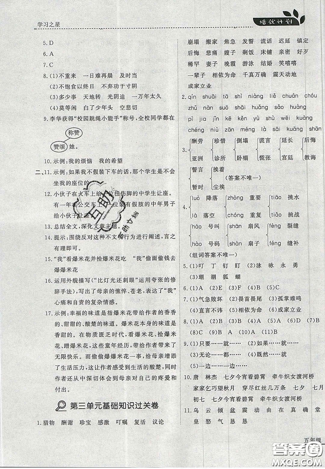 2020年學(xué)習(xí)之星培優(yōu)計(jì)劃五年級(jí)語(yǔ)文上冊(cè)人教版答案