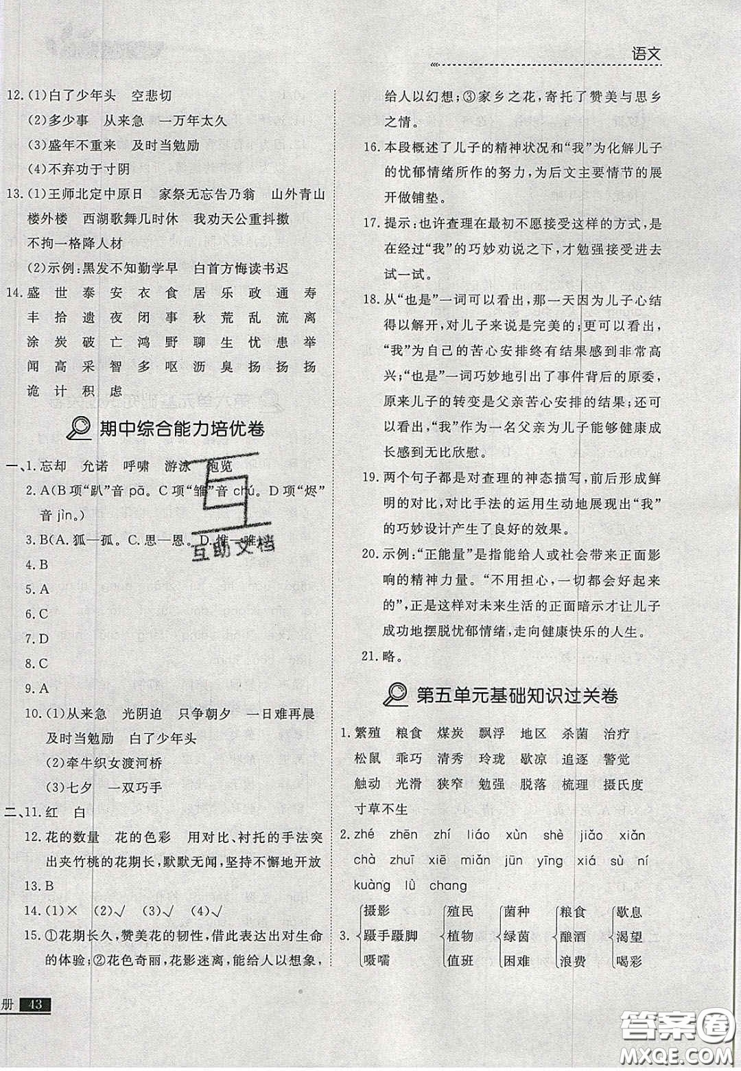 2020年學(xué)習(xí)之星培優(yōu)計(jì)劃五年級(jí)語(yǔ)文上冊(cè)人教版答案