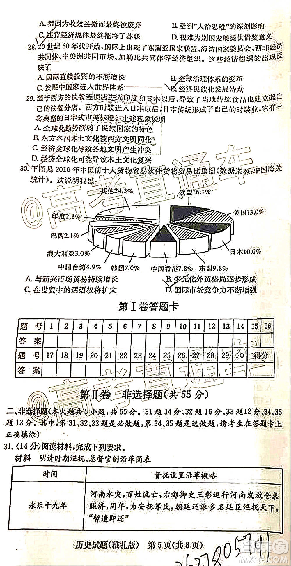 雅禮中學(xué)2021屆高三月考試卷一歷史試題及答案