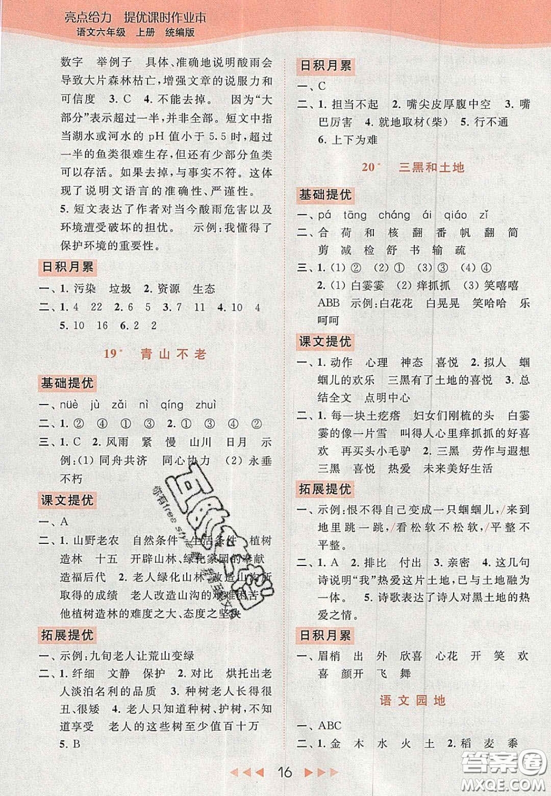 北京教育出版社2020年亮點給力提優(yōu)課時作業(yè)本六年級語文上冊統(tǒng)編版答案