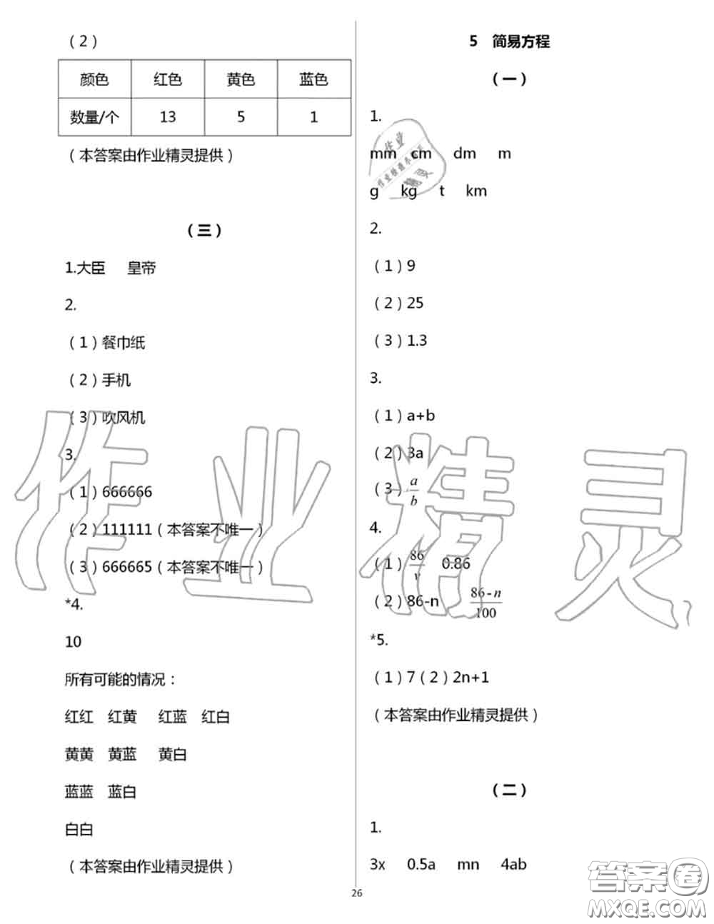 浙江教育出版社2020年數(shù)學(xué)作業(yè)本五年級上冊人教版參考答案