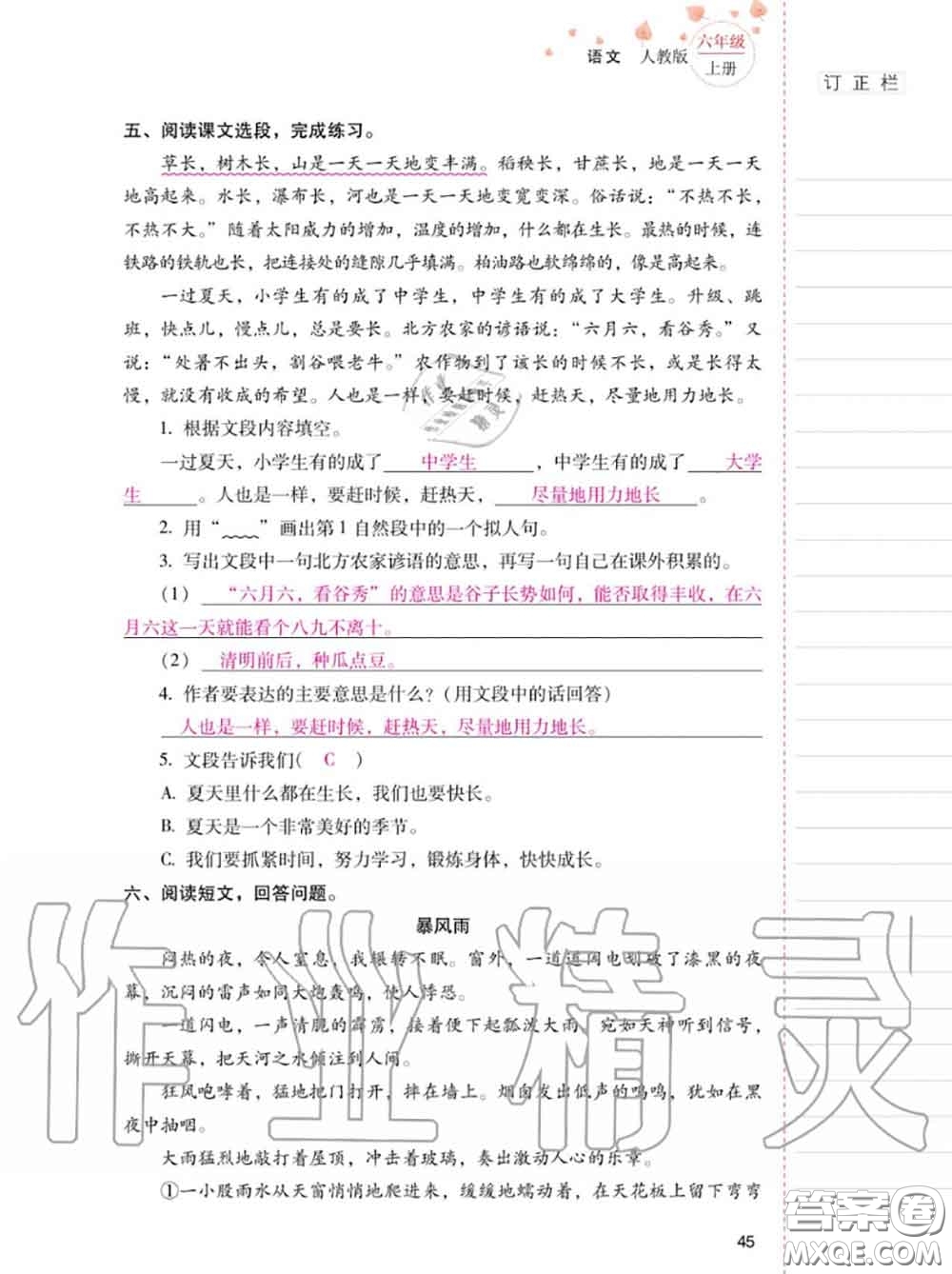 2020年秋同步指導訓練與檢測六年級語文上冊人教版參考答案