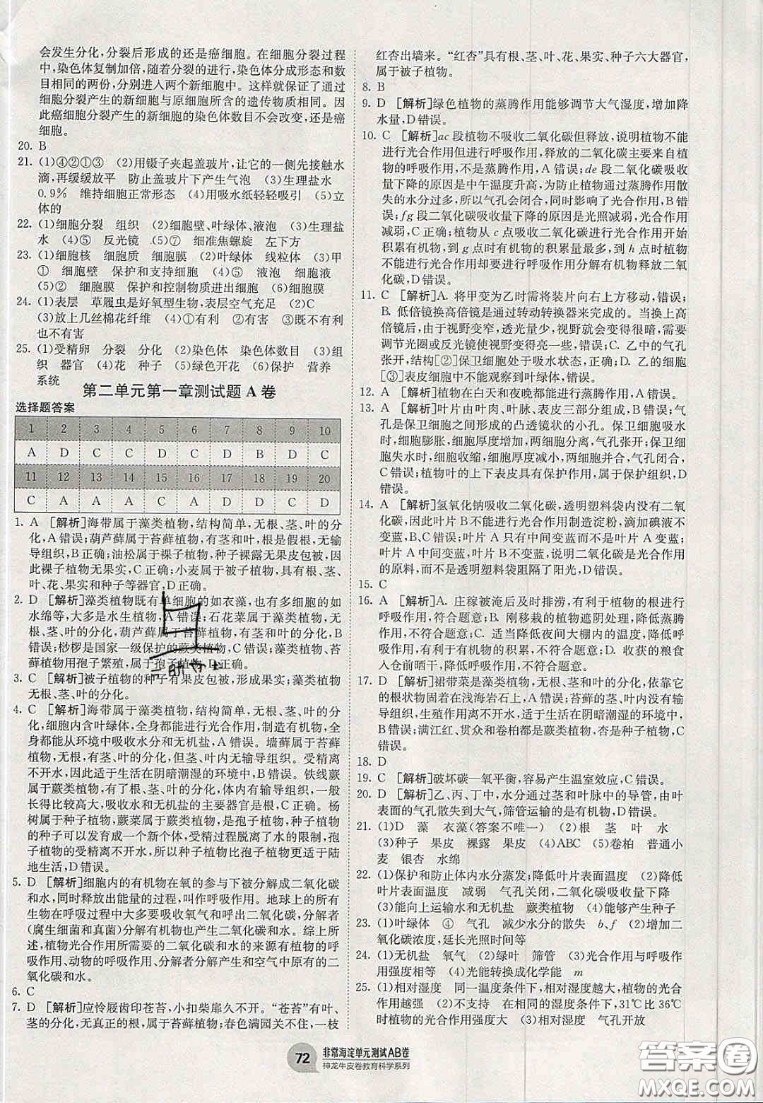 神農(nóng)牛皮卷2020秋非常海淀單元測(cè)試AB卷七年級(jí)生物上冊(cè)濟(jì)南版答案