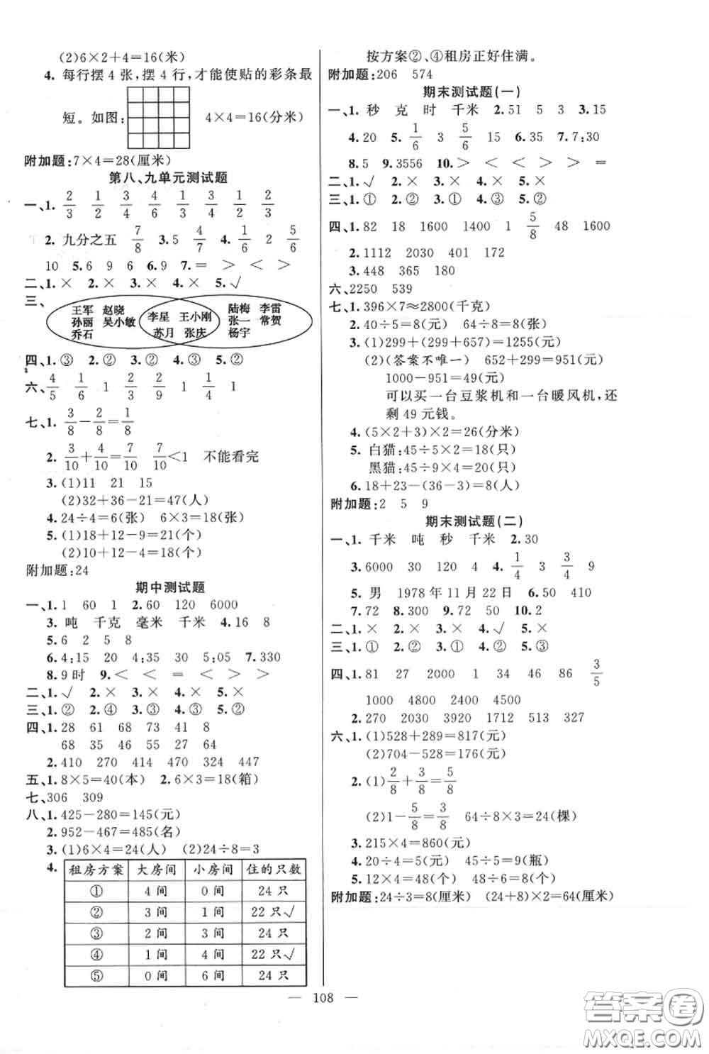 新疆青少年出版社2020秋原創(chuàng)新課堂三年級數(shù)學上冊人教版答案