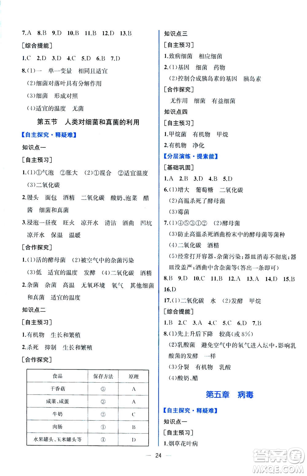 人民教育出版社2020年同步學歷案課時練生物八年級上冊人教版答案