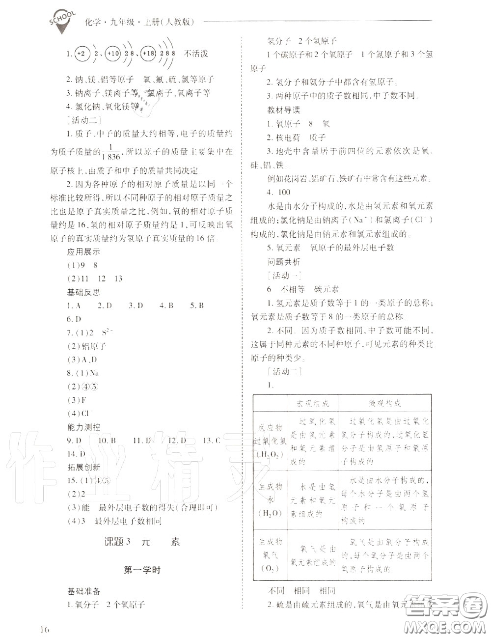 2020年新課程問題解決導(dǎo)學(xué)方案九年級化學(xué)上冊人教版答案