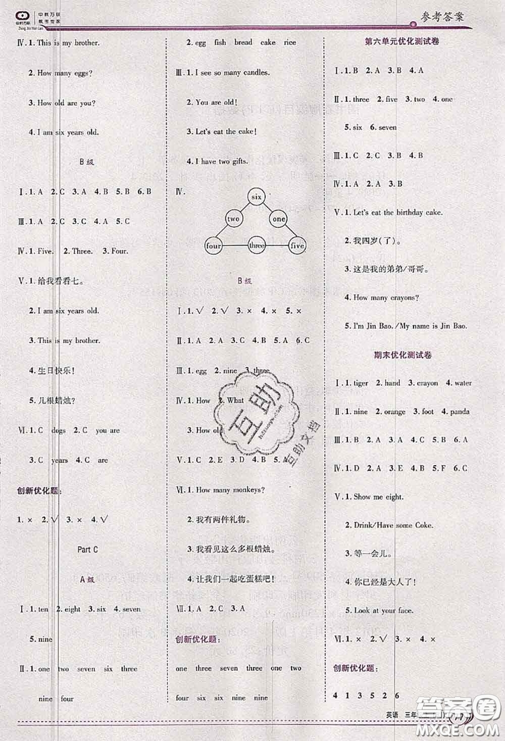 2020秋全優(yōu)訓(xùn)練零失誤優(yōu)化作業(yè)本三年級英語上冊人教版答案