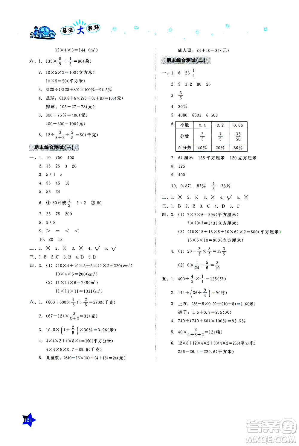 湖南教育出版社2020年學法大視野數(shù)學六年級上冊蘇教版答案