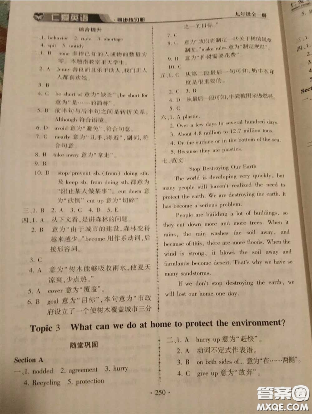 2020年秋仁愛英語同步練習(xí)冊(cè)九年級(jí)上冊(cè)仁愛版參考答案