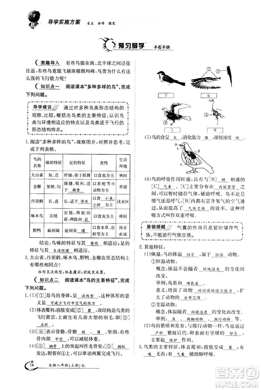 江西高校出版社2020年金太陽(yáng)導(dǎo)學(xué)案生物八年級(jí)上冊(cè)人教版答案