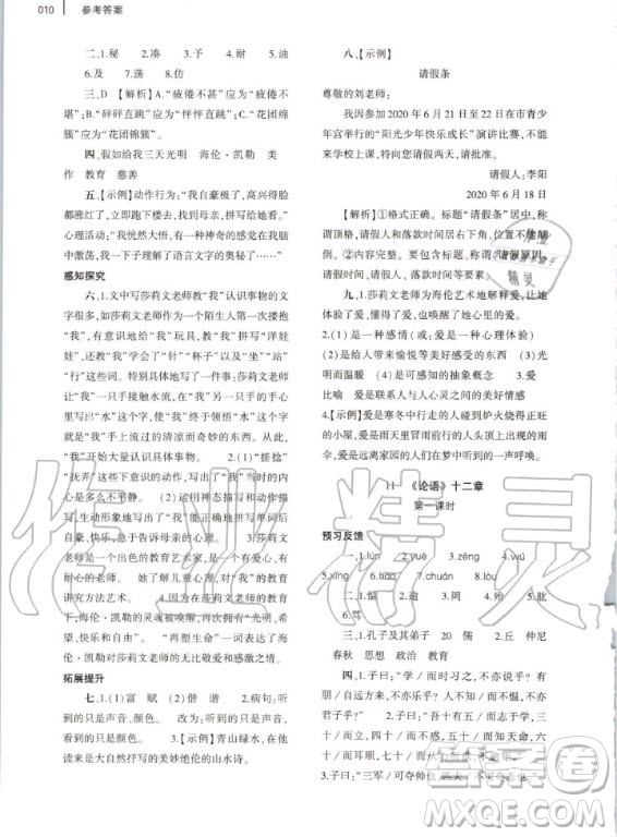 大象出版社2020年基礎訓練七年級上冊語文人教版答案