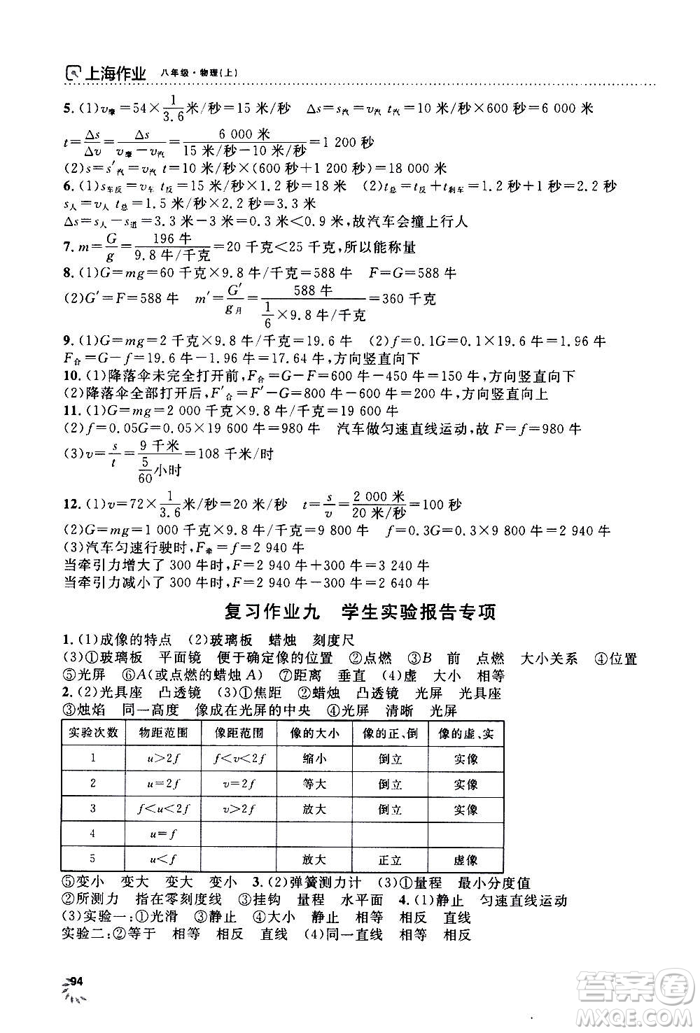 上海大學(xué)出版社2020年鐘書金牌上海作業(yè)物理八年級上冊答案