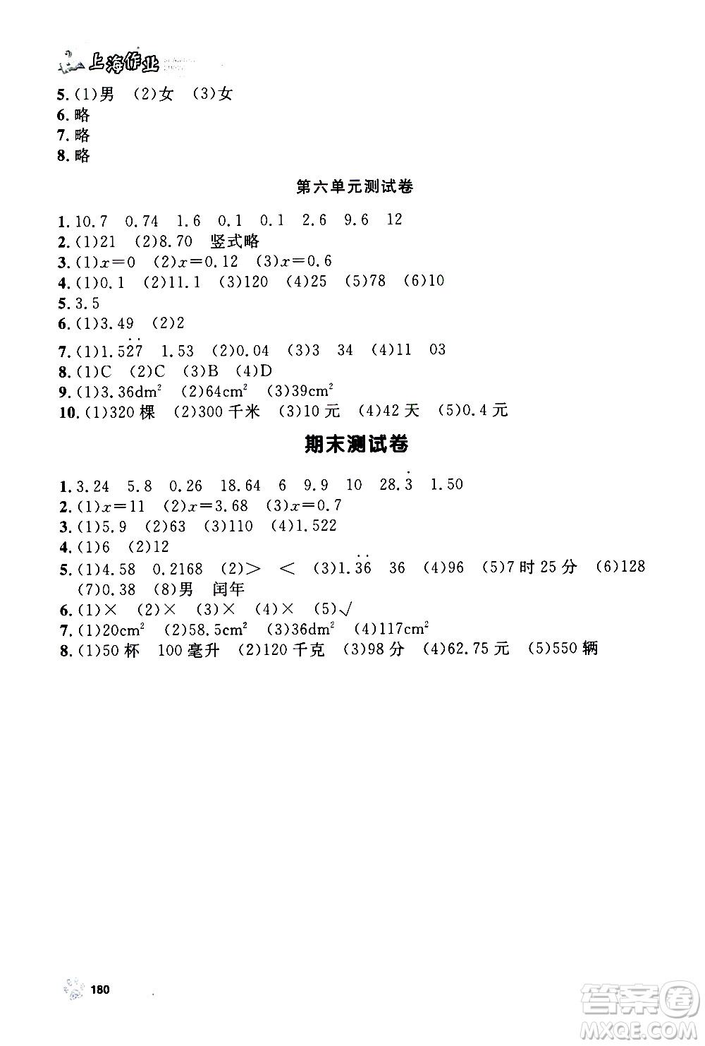 上海大學(xué)出版社2020年鐘書金牌上海作業(yè)數(shù)學(xué)五年級上冊答案