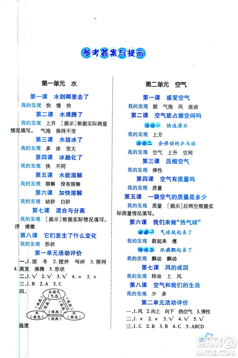 陜西師范大學(xué)出版總社2020年績優(yōu)學(xué)案科學(xué)三年級上冊教科版答案